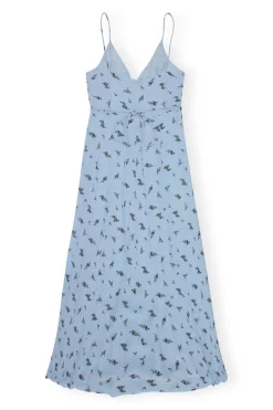 Hot GANNI Printed Georgette Strap Wrap Dress Brunnera Blue
