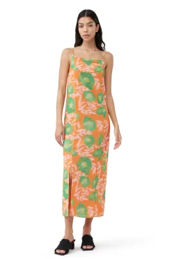 Cheap GANNI Printed Light Crepe Slip Dress Vibrant Orange
