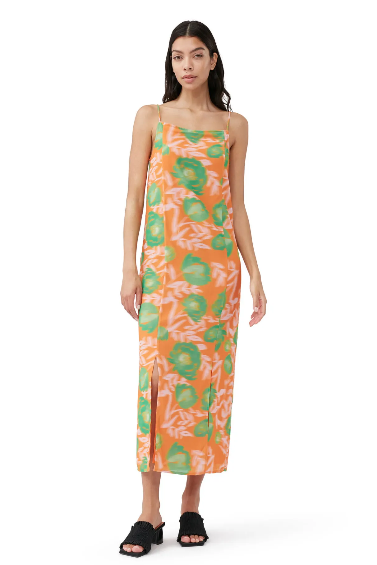 Cheap GANNI Printed Light Crepe Slip Dress Vibrant Orange