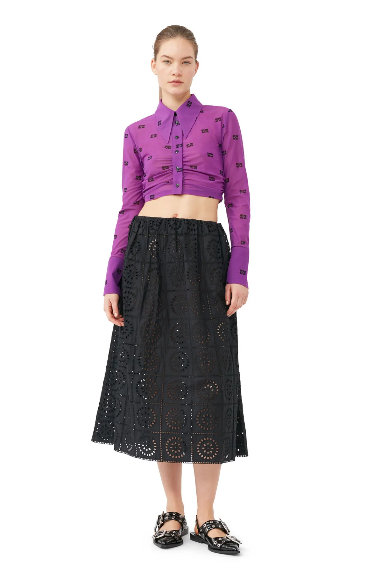 Online GANNI Printed Mesh Cropped Ruched Shirt Sparkling Grape