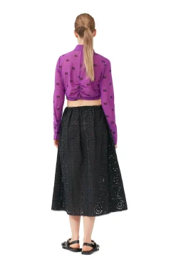 Online GANNI Printed Mesh Cropped Ruched Shirt Sparkling Grape