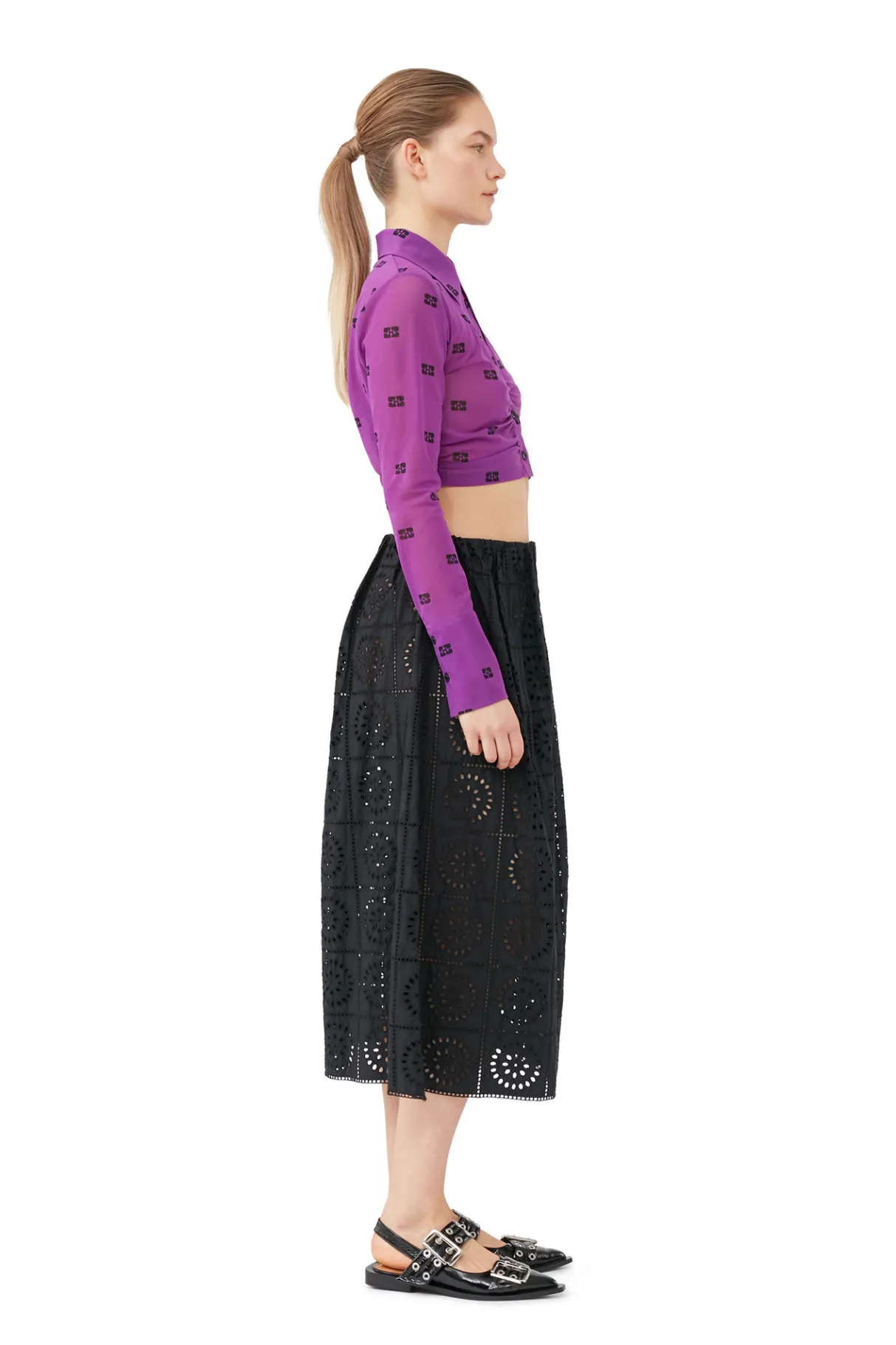 Online GANNI Printed Mesh Cropped Ruched Shirt Sparkling Grape