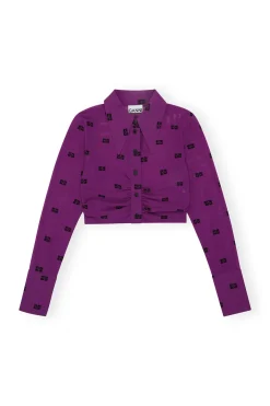 Online GANNI Printed Mesh Cropped Ruched Shirt Sparkling Grape