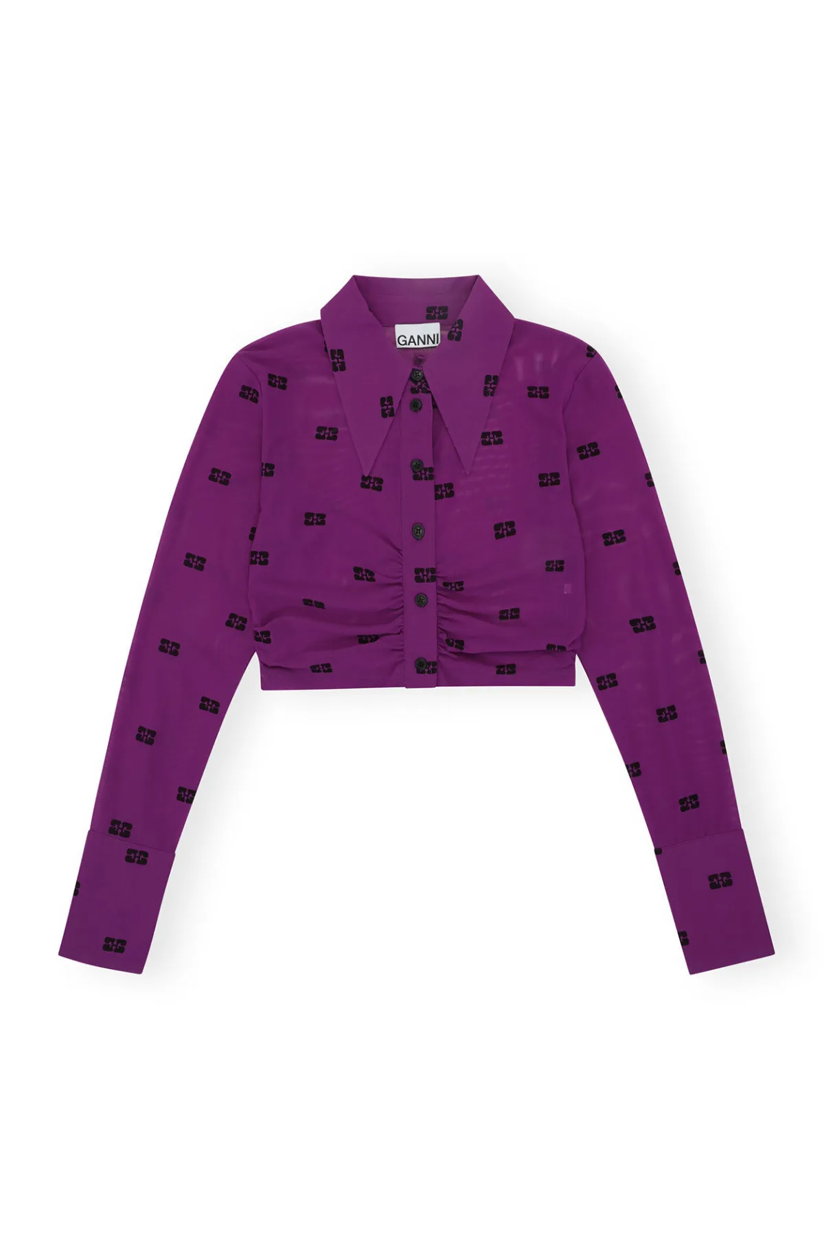 Online GANNI Printed Mesh Cropped Ruched Shirt Sparkling Grape