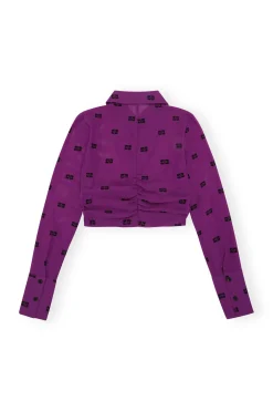 Online GANNI Printed Mesh Cropped Ruched Shirt Sparkling Grape