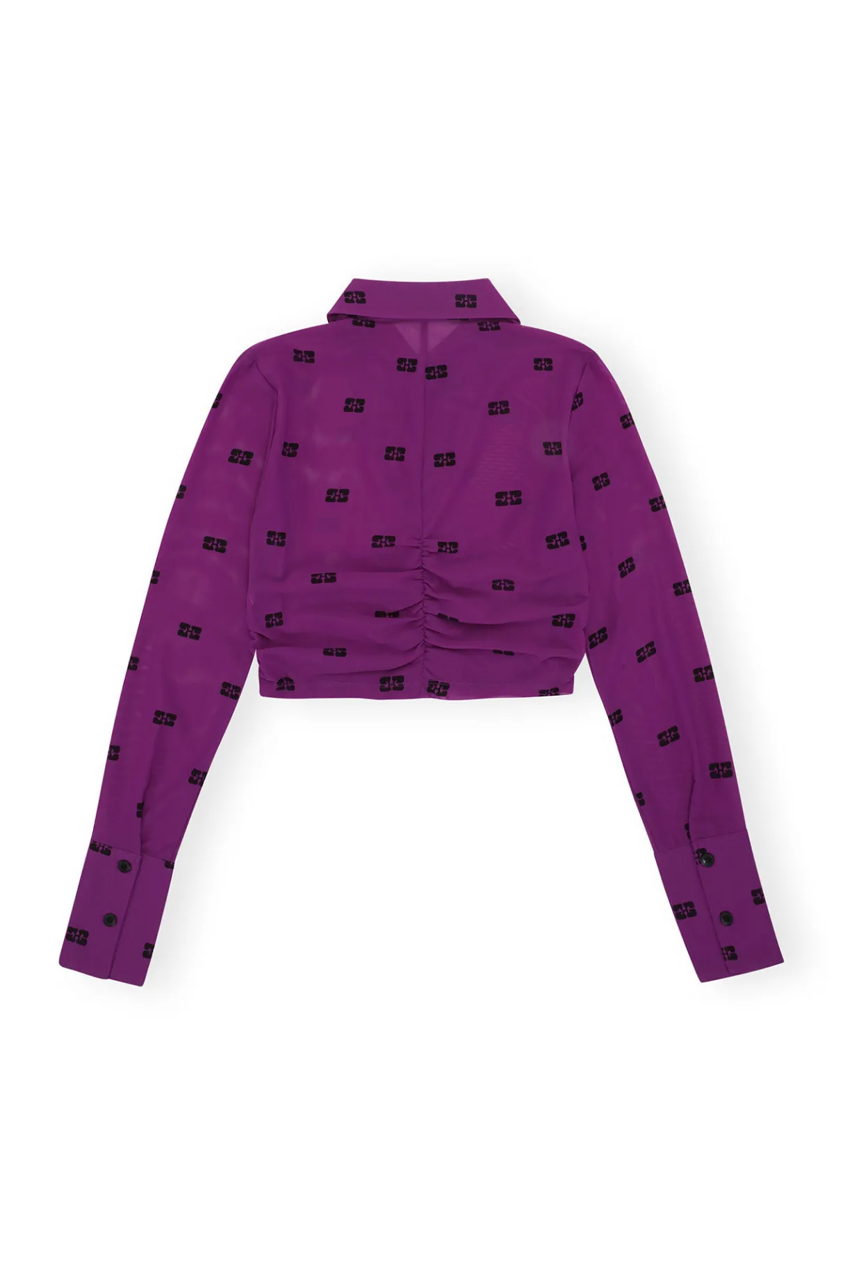 Online GANNI Printed Mesh Cropped Ruched Shirt Sparkling Grape