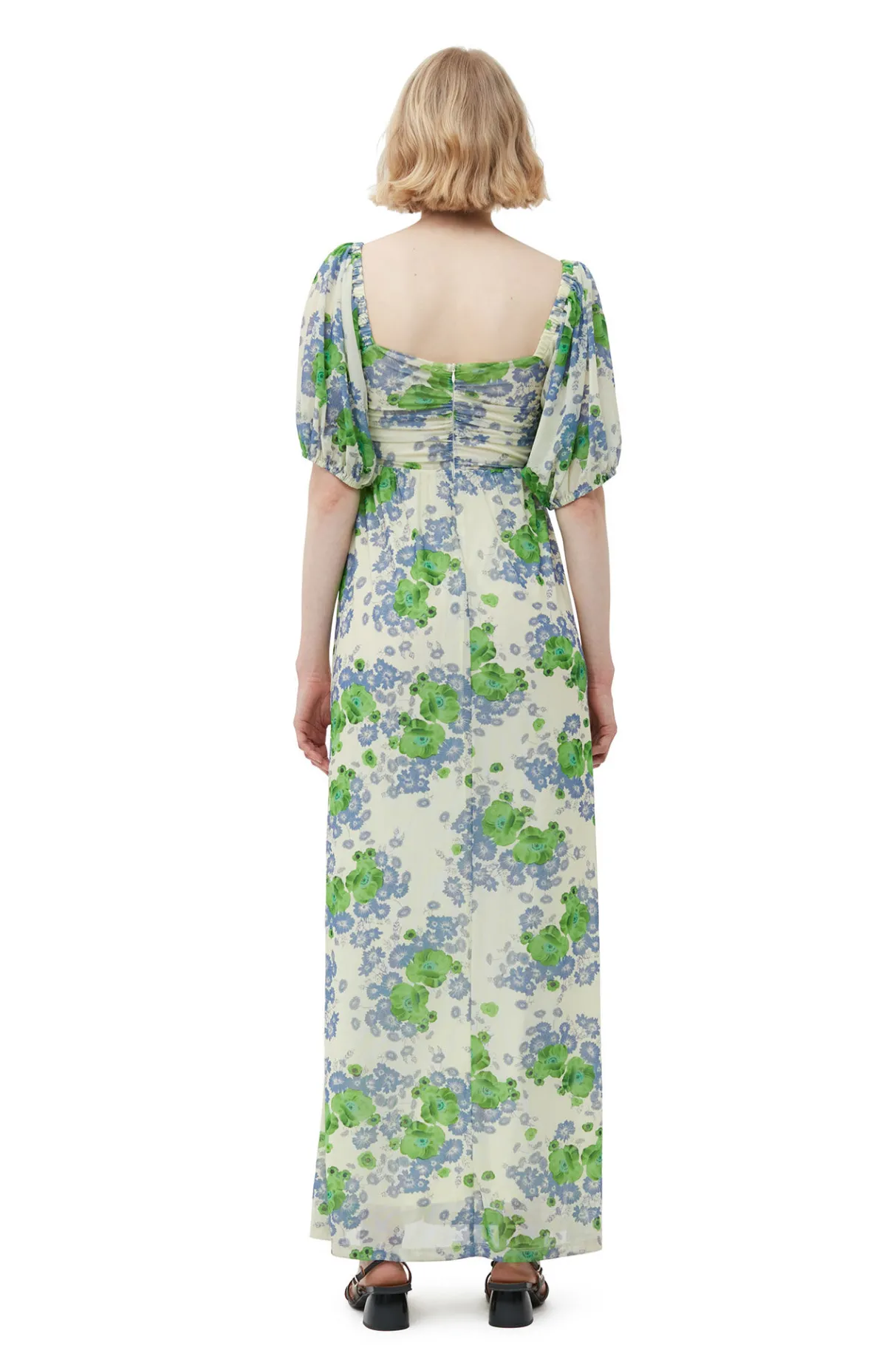 Clearance GANNI Printed Mesh Puff Sleeves Long Dress Egret