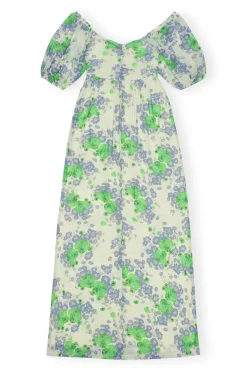 Clearance GANNI Printed Mesh Puff Sleeves Long Dress Egret