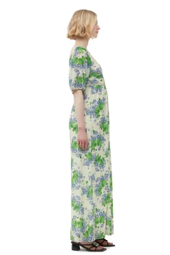 Clearance GANNI Printed Mesh Puff Sleeves Long Dress Egret