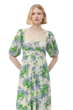 Clearance GANNI Printed Mesh Puff Sleeves Long Dress Egret