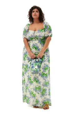 Clearance GANNI Printed Mesh Puff Sleeves Long Dress Egret