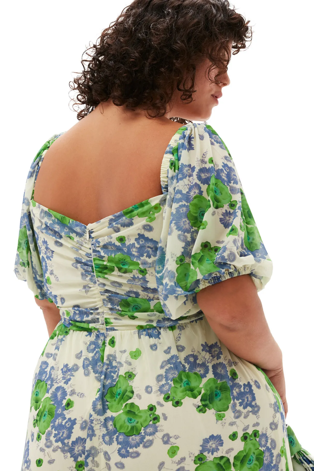 Clearance GANNI Printed Mesh Puff Sleeves Long Dress Egret