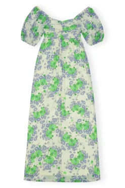 Clearance GANNI Printed Mesh Puff Sleeves Long Dress Egret