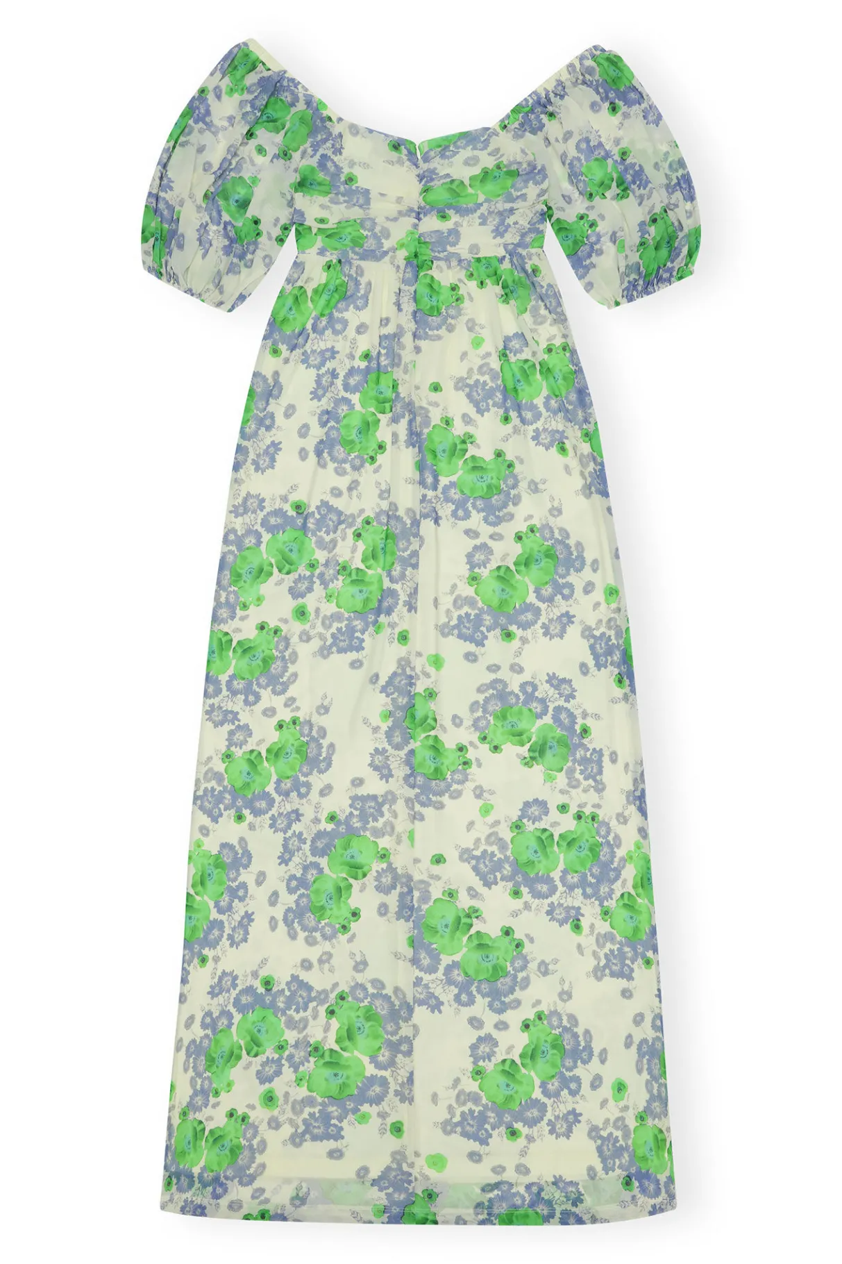 Clearance GANNI Printed Mesh Puff Sleeves Long Dress Egret