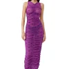 Clearance GANNI Printed Mesh Ruched Sleeveless Long Dress Sparkling Grape
