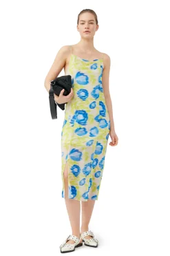 Best GANNI Printed Mesh Slip Dress Strong Blue