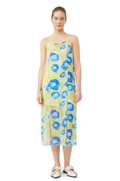 Best GANNI Printed Mesh Slip Dress Strong Blue
