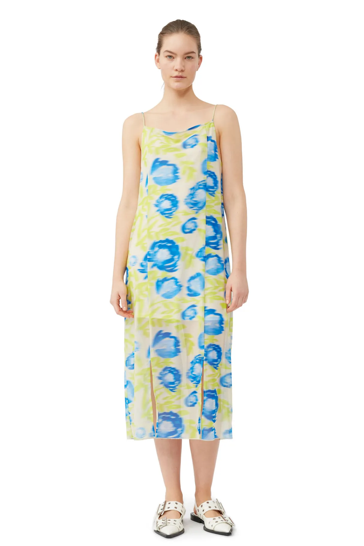 Best GANNI Printed Mesh Slip Dress Strong Blue