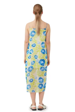 Best GANNI Printed Mesh Slip Dress Strong Blue