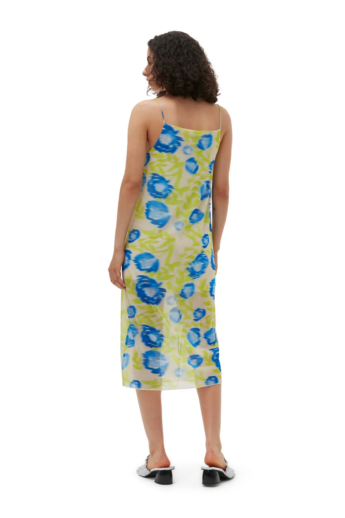 Best GANNI Printed Mesh Slip Dress Strong Blue