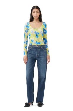 Outlet GANNI Printed Mesh U-Neck Ruched Blouse Strong Blue