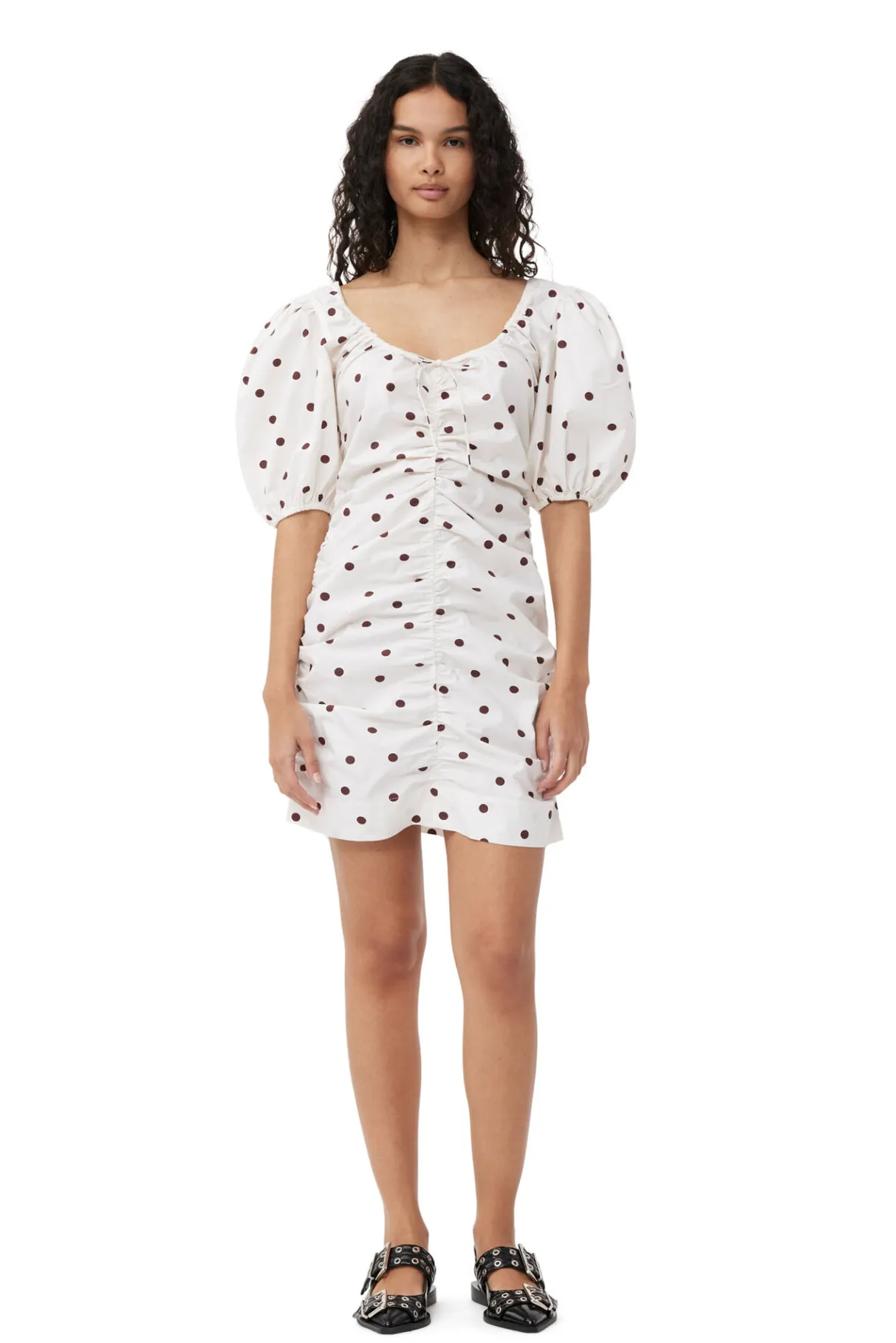 Shop GANNI Printed U-Neck Mini Dress Egret