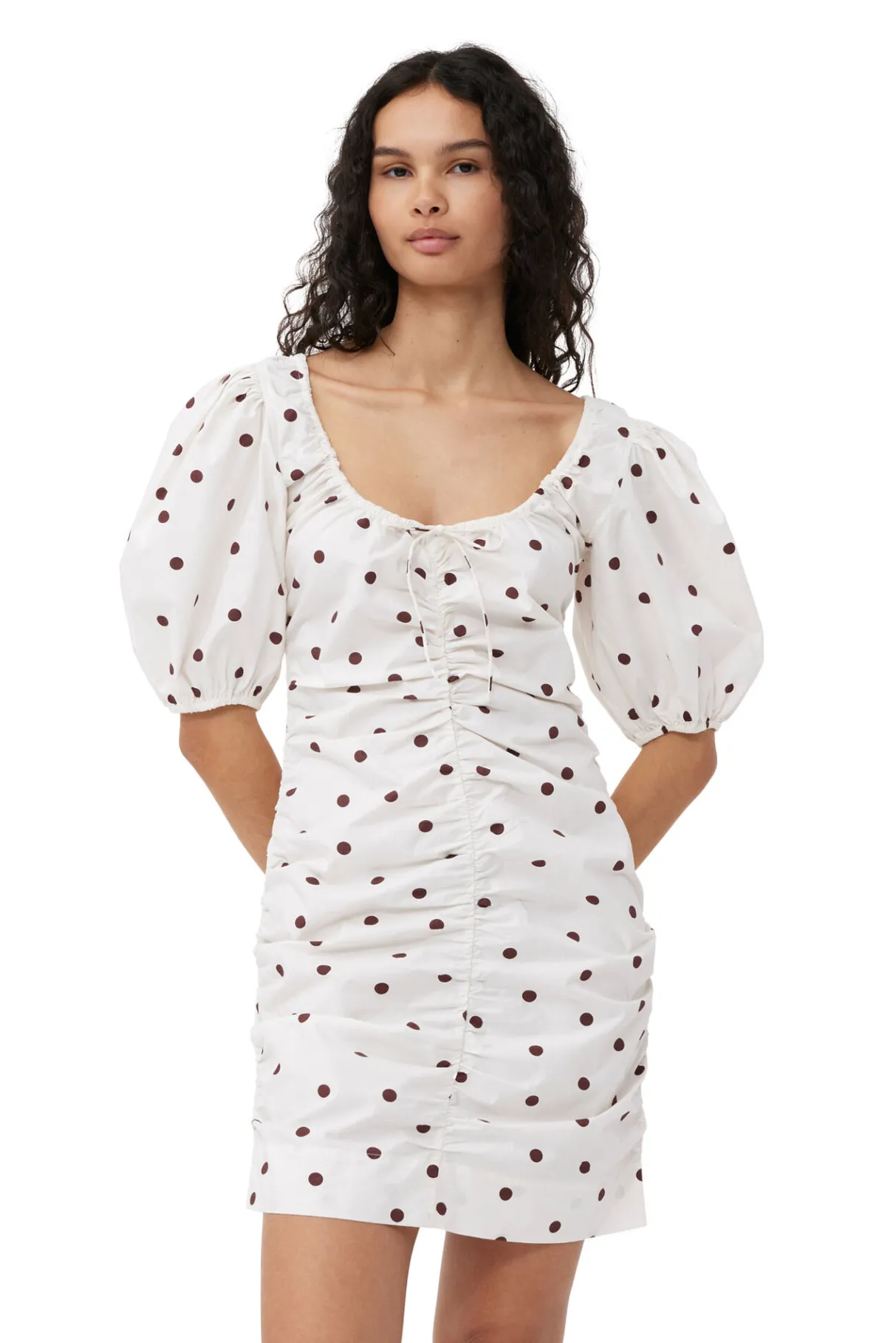 Shop GANNI Printed U-Neck Mini Dress Egret