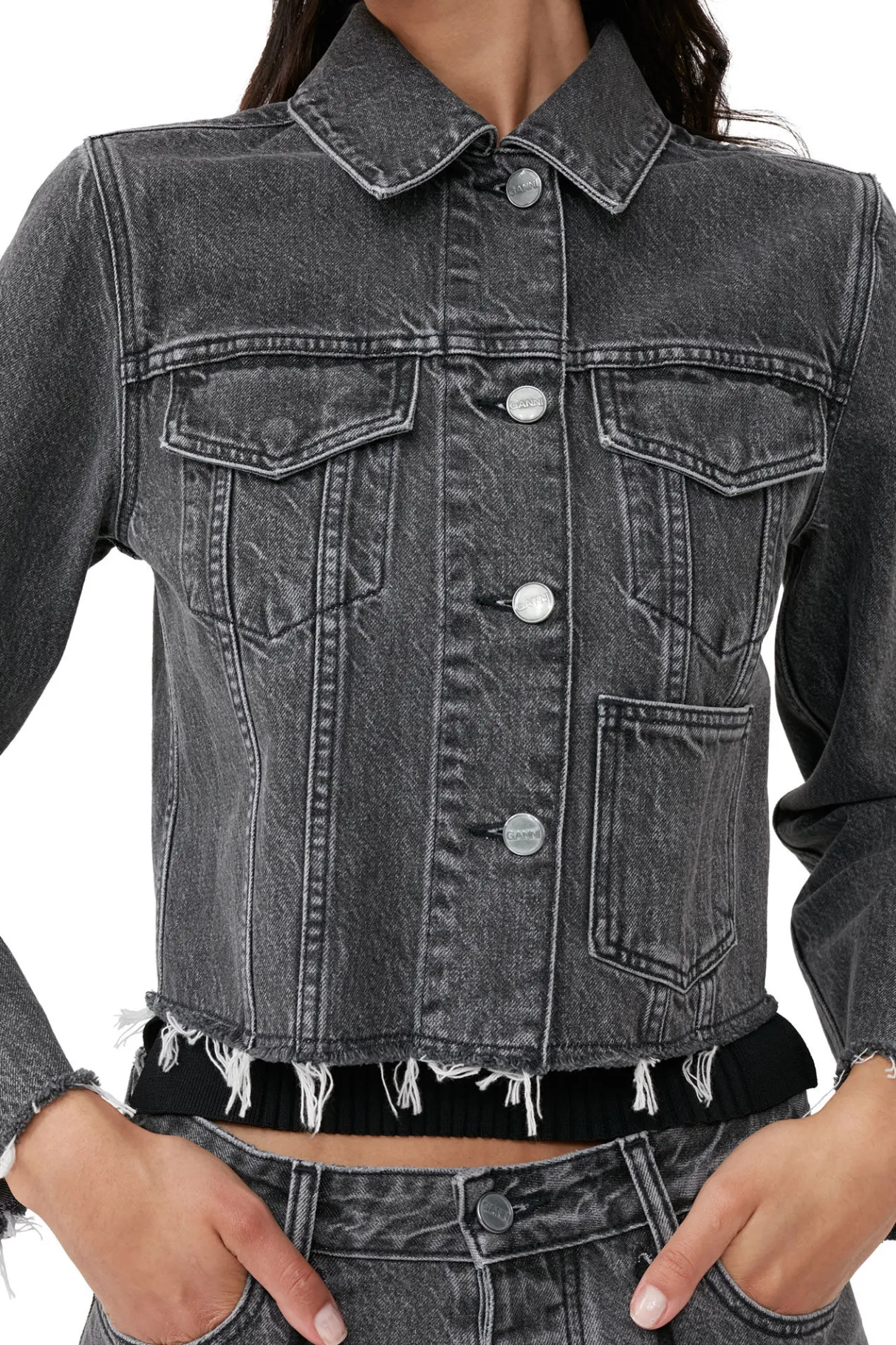 Clearance GANNI Re-Cut Denim Jacket Washed Black/Black