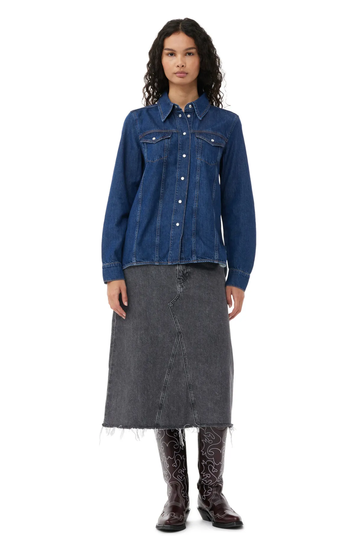 Clearance GANNI Re-Cut Denim Shirt Mid Blue Stone