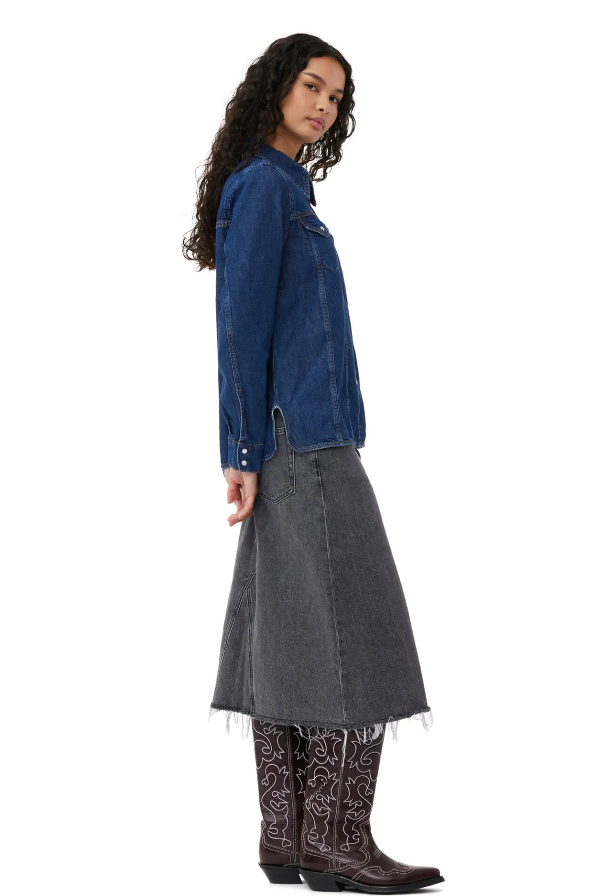 Clearance GANNI Re-Cut Denim Shirt Mid Blue Stone