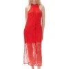 Best Sale GANNI Red Lace Halter Neck Dress Red Alert