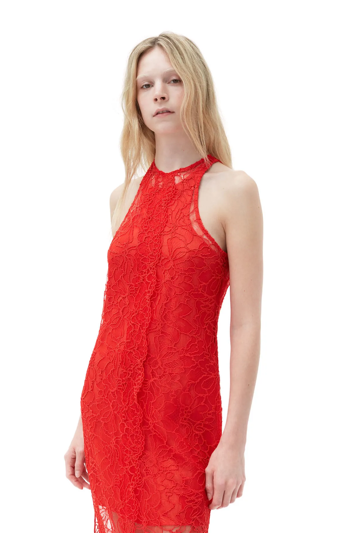 Best Sale GANNI Red Lace Halter Neck Dress Red Alert