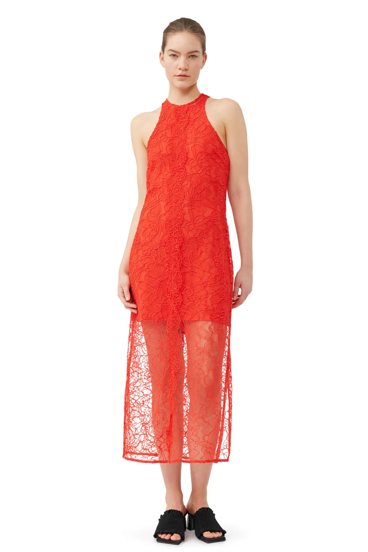 Best Sale GANNI Red Lace Halter Neck Dress Red Alert