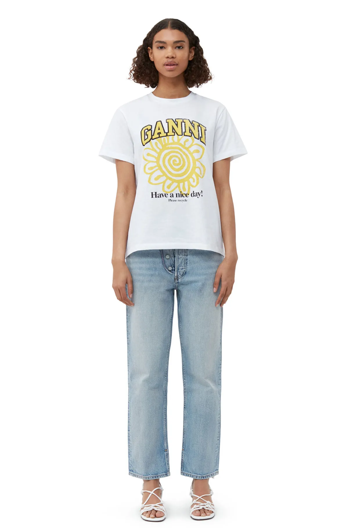 Clearance GANNI Relaxed Yellow Flower T-Shirt Bright White