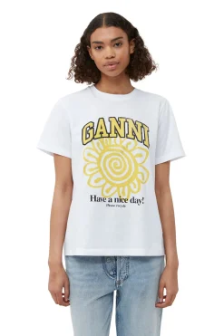 Clearance GANNI Relaxed Yellow Flower T-Shirt Bright White