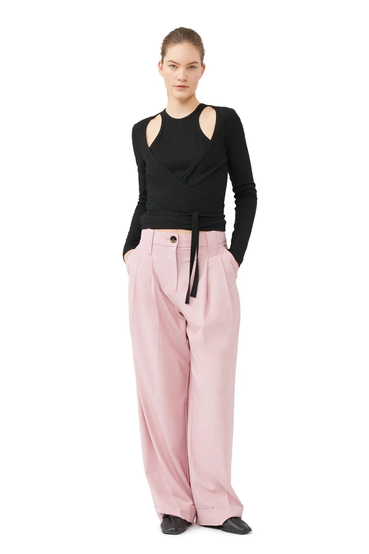Discount GANNI Rib Jersey Wrap Blouse Black