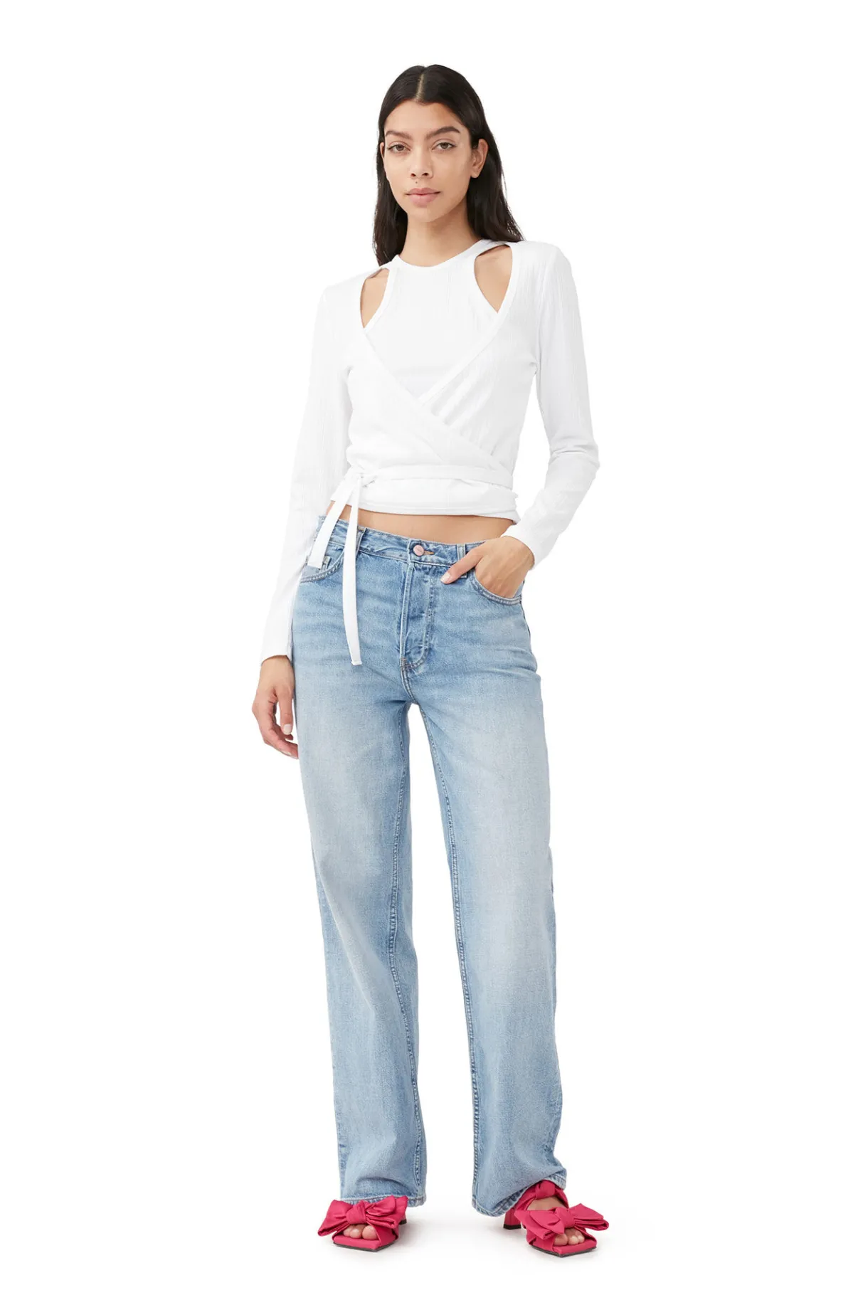 Online GANNI Rib Jersey Wrap Blouse Bright White
