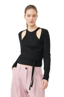 Discount GANNI Rib Jersey Wrap Blouse Black