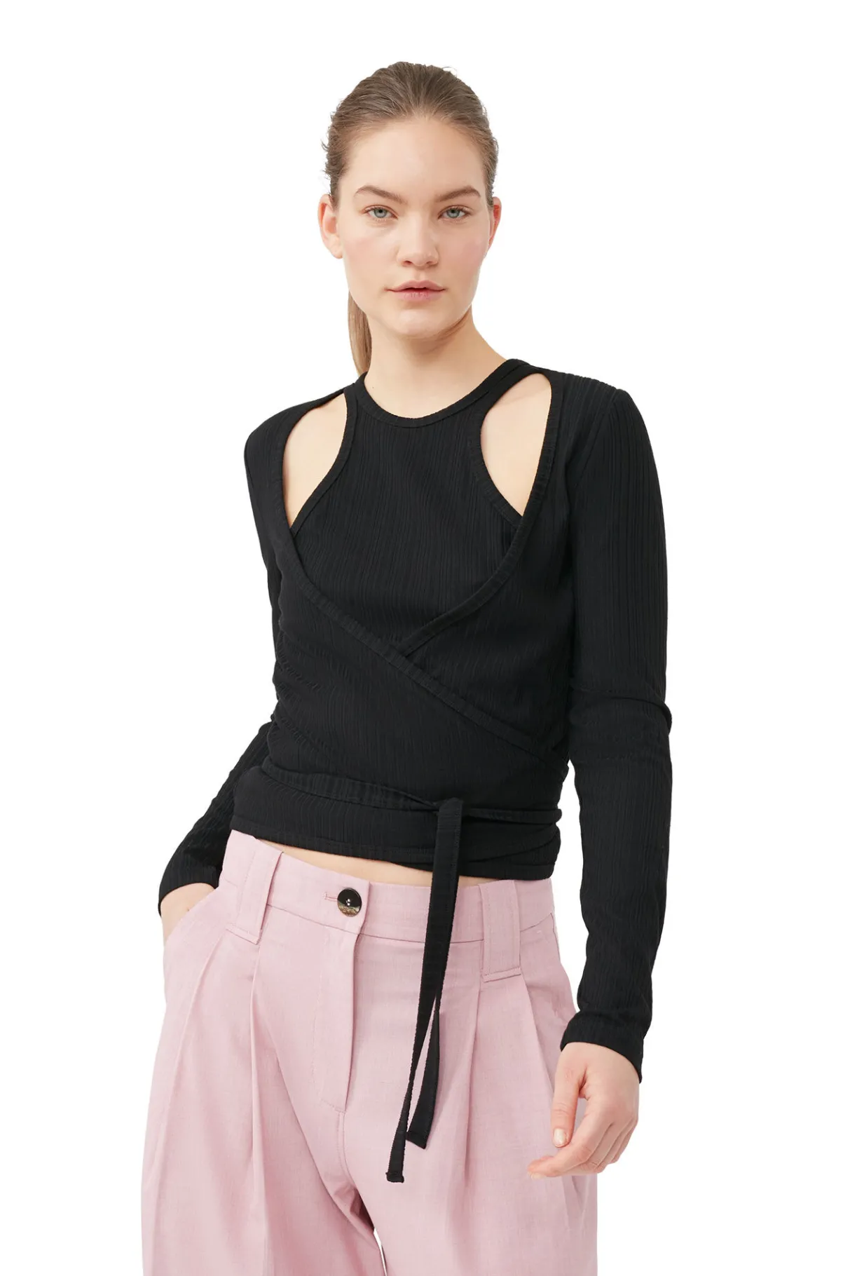 Discount GANNI Rib Jersey Wrap Blouse Black