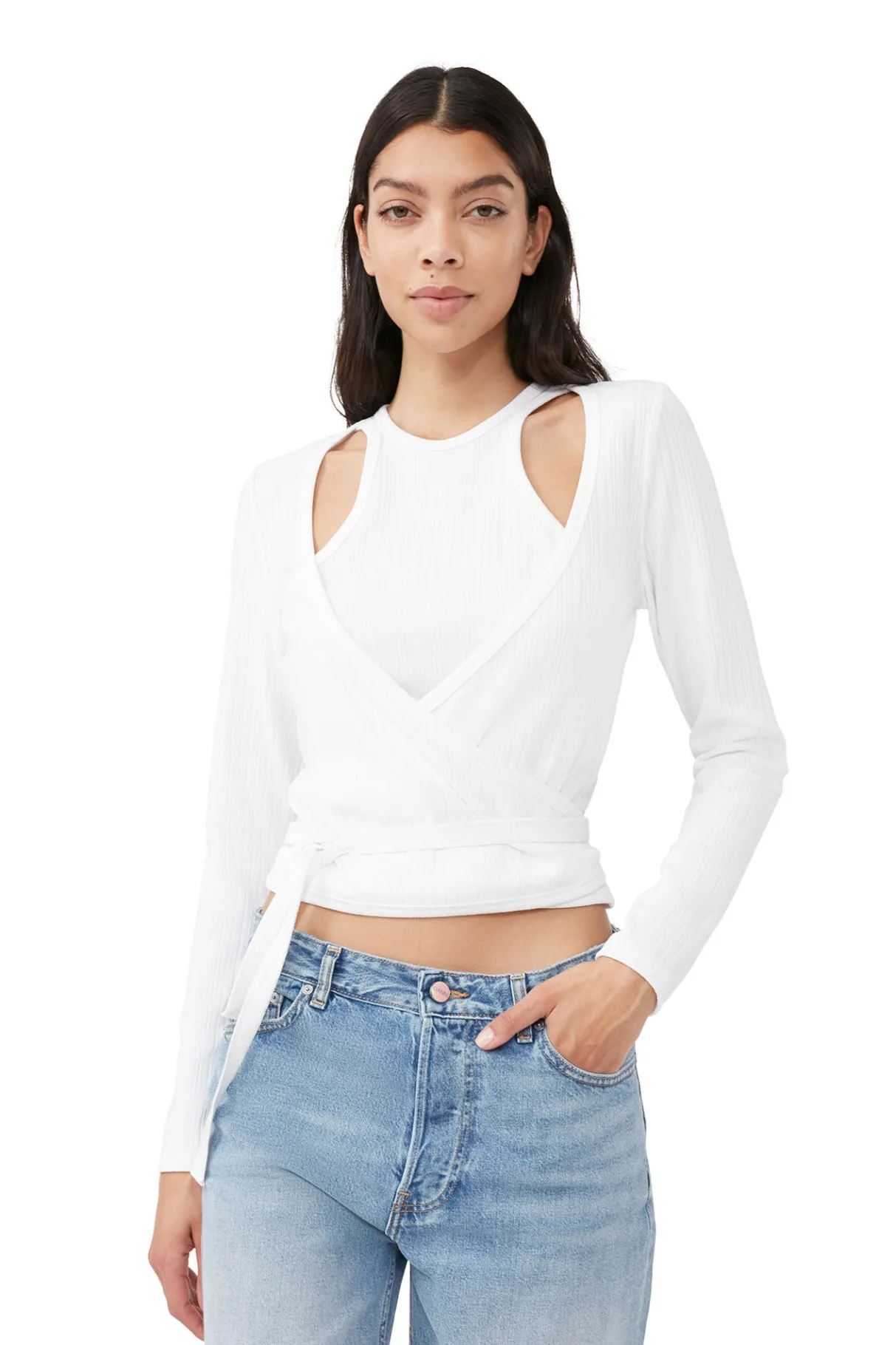 Online GANNI Rib Jersey Wrap Blouse Bright White
