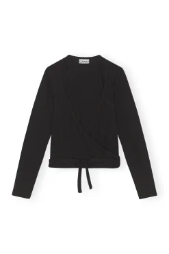 Discount GANNI Rib Jersey Wrap Blouse Black