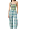 Fashion GANNI Seersucker Check Elasticated Pants Lagoon