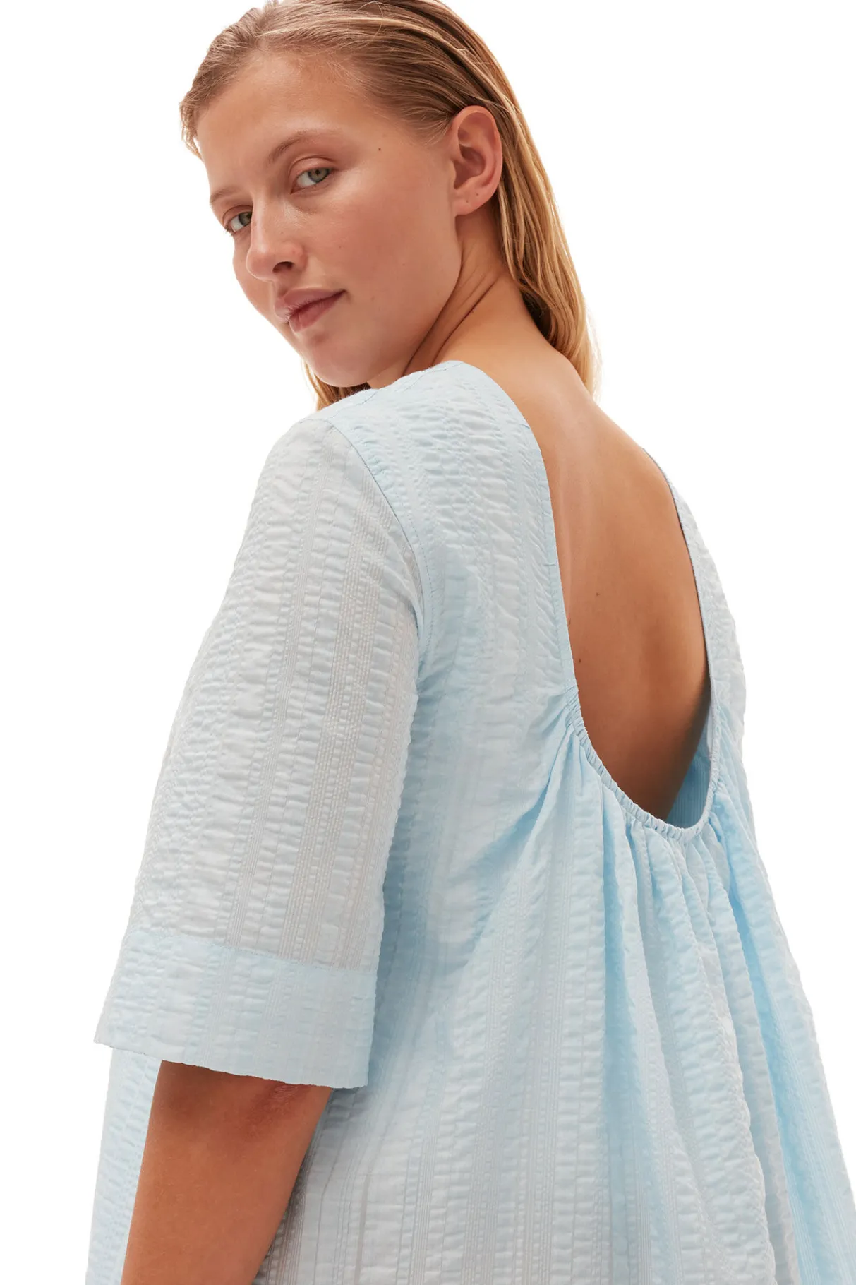 Sale GANNI Seersucker Check Maxi Dress Ice Water