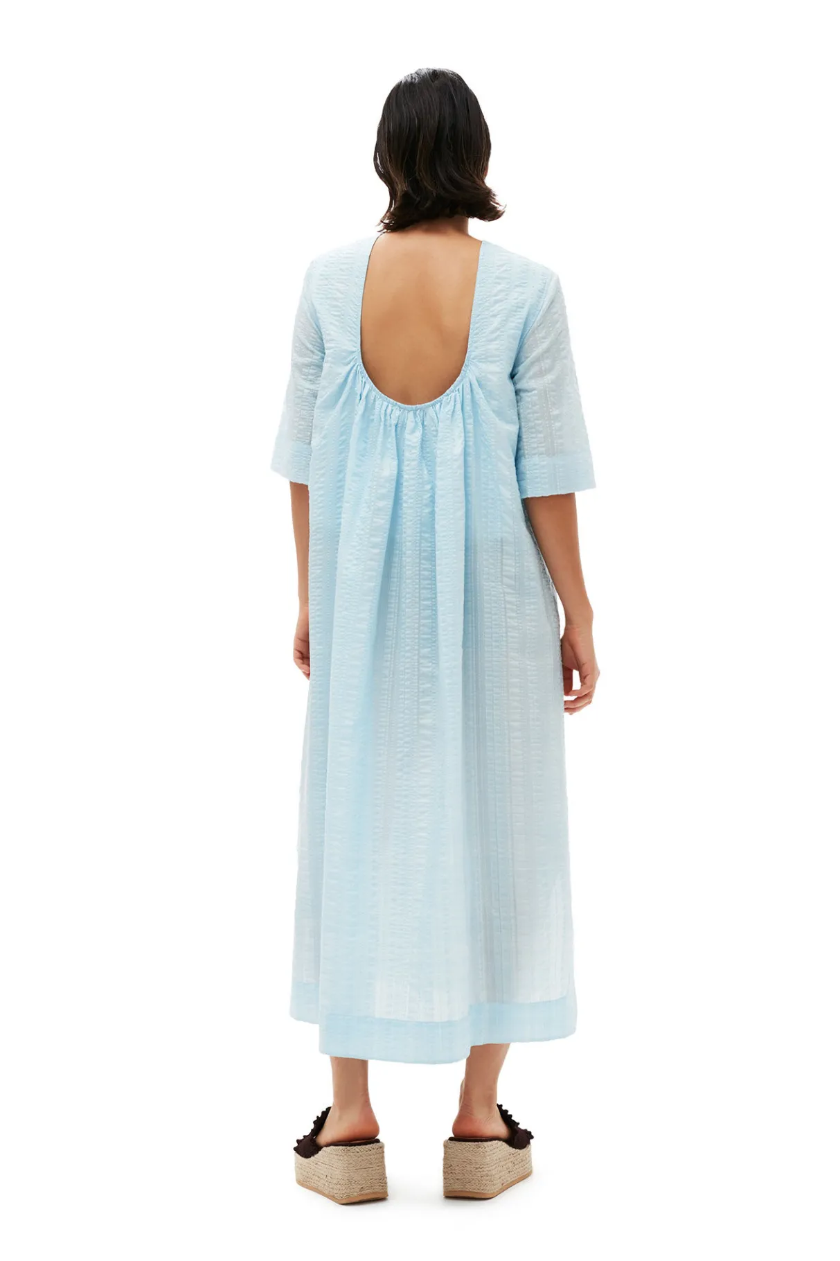Sale GANNI Seersucker Check Maxi Dress Ice Water