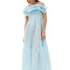 Fashion GANNI Seersucker Check Smock Maxi Dress Ice Water