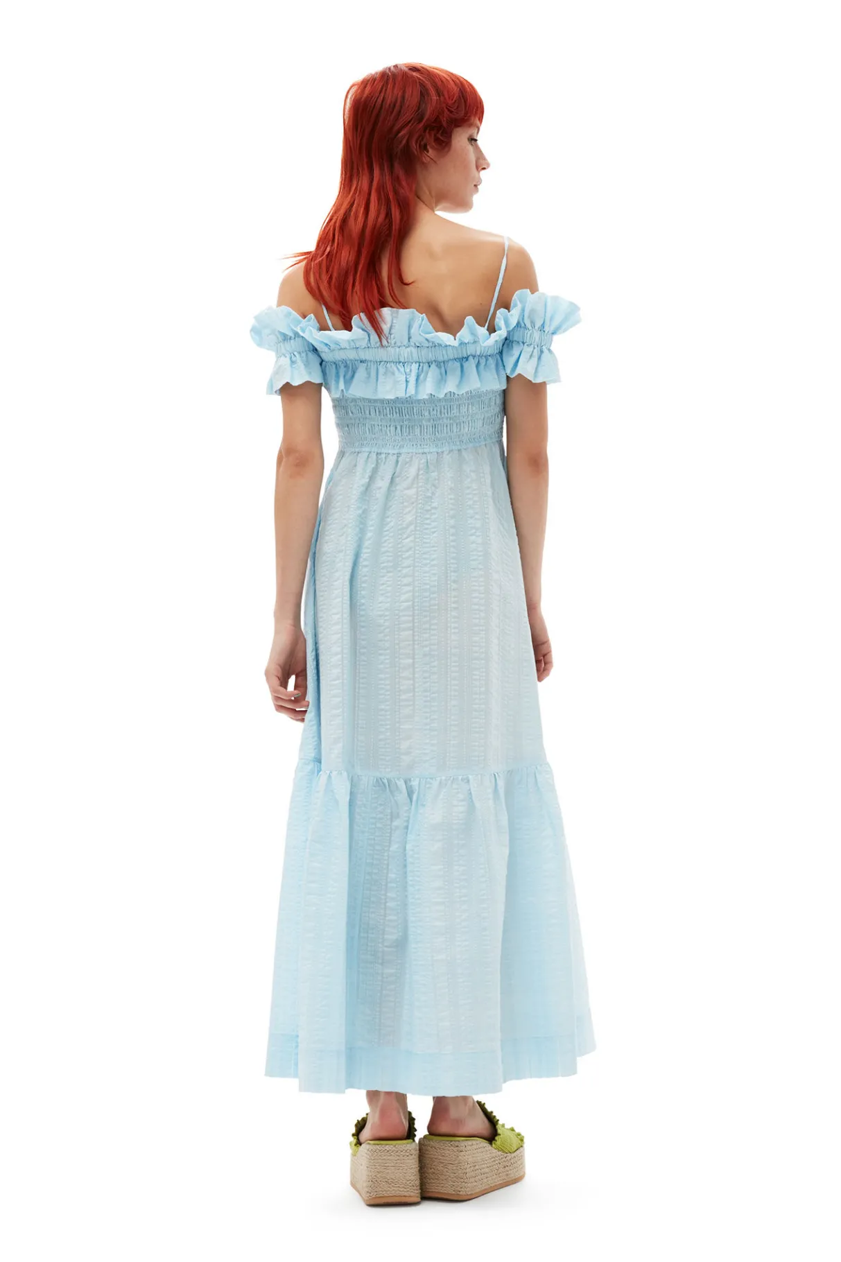 Fashion GANNI Seersucker Check Smock Maxi Dress Ice Water