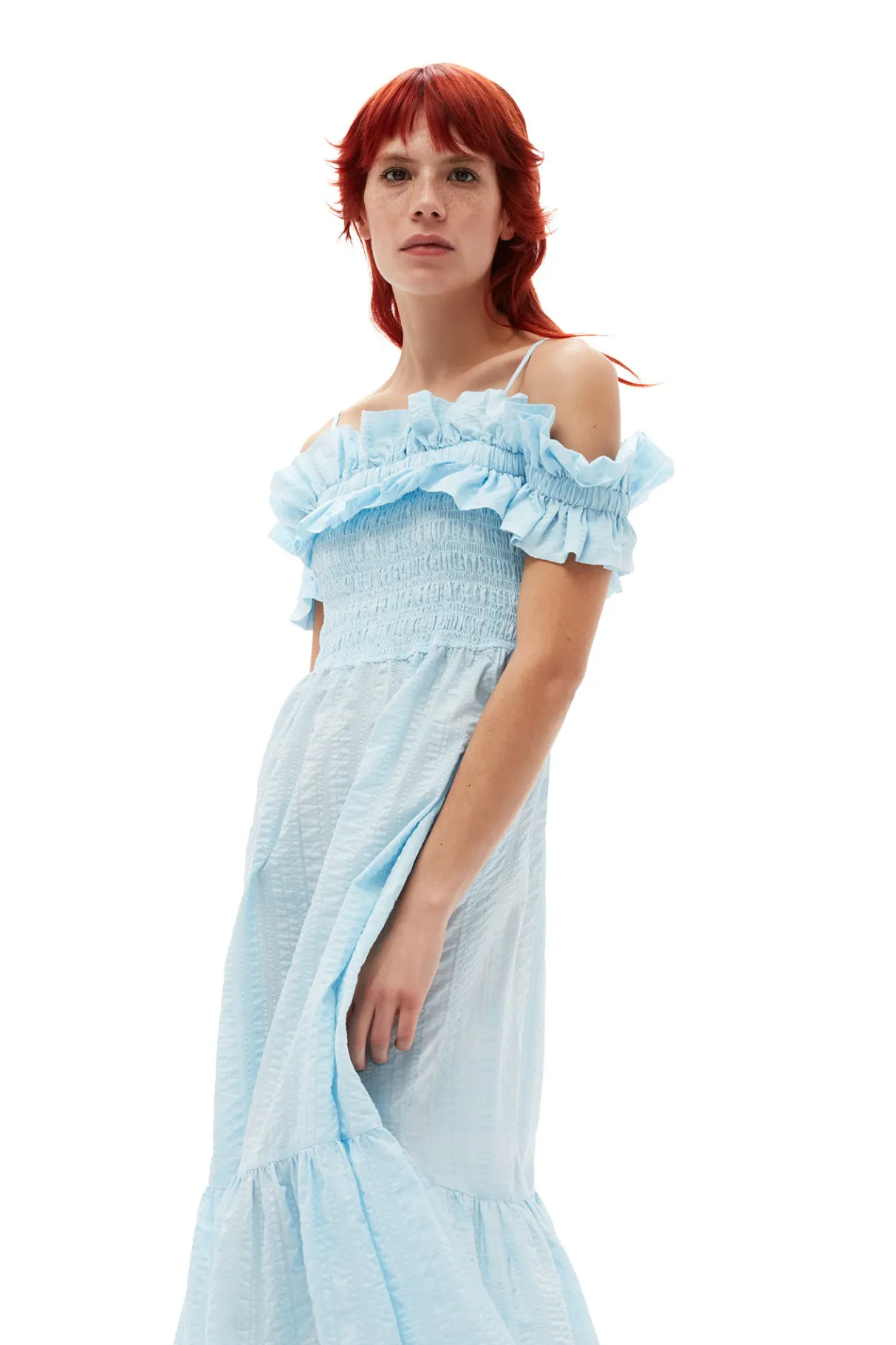 Fashion GANNI Seersucker Check Smock Maxi Dress Ice Water
