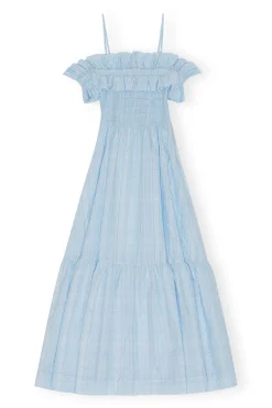 Fashion GANNI Seersucker Check Smock Maxi Dress Ice Water