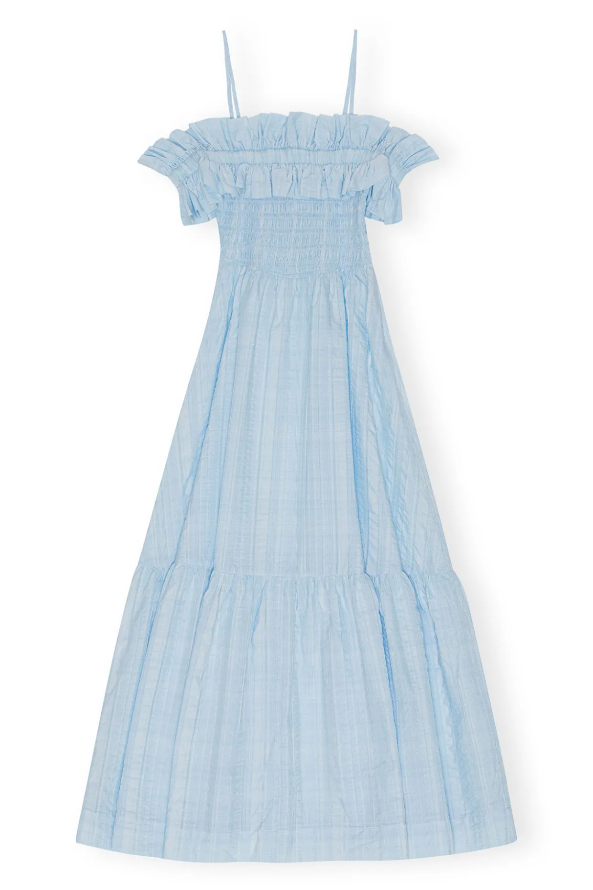 Fashion GANNI Seersucker Check Smock Maxi Dress Ice Water