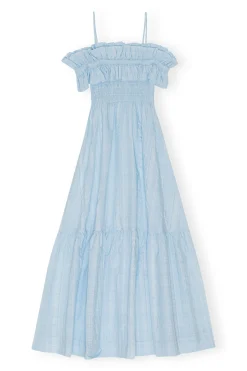 Fashion GANNI Seersucker Check Smock Maxi Dress Ice Water